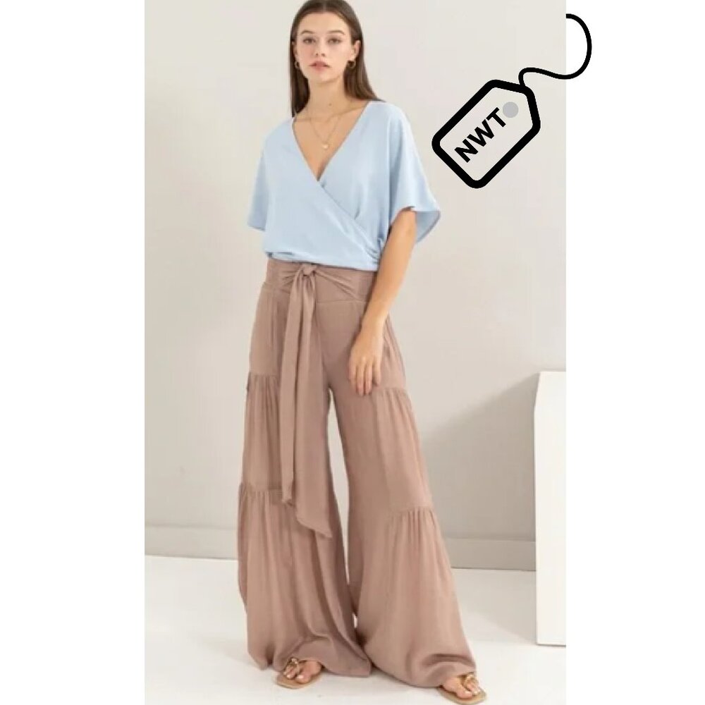 Women’s Taupe Tiered Wide-Leg Pants with Waist Tie